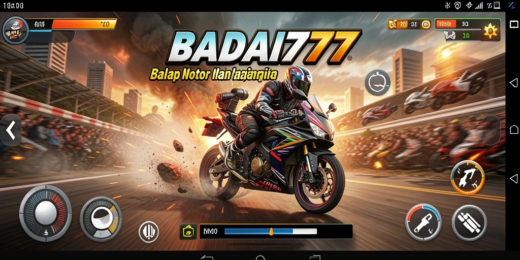 Screenshot gameplay BADAI777 menampilkan aksi balap motor yang mendebarkan.