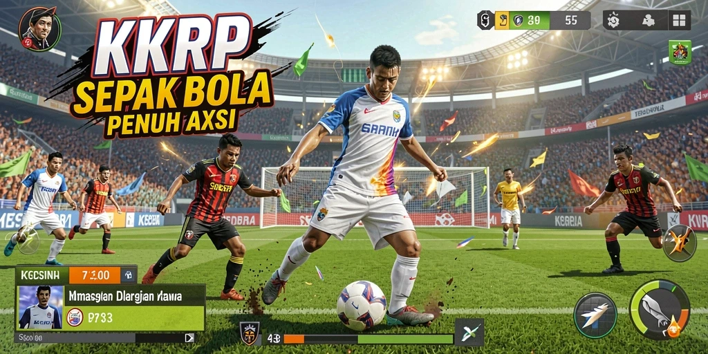 Screenshot utama KKRP menampilkan aksi pemain dalam pertandingan sepak bola.
