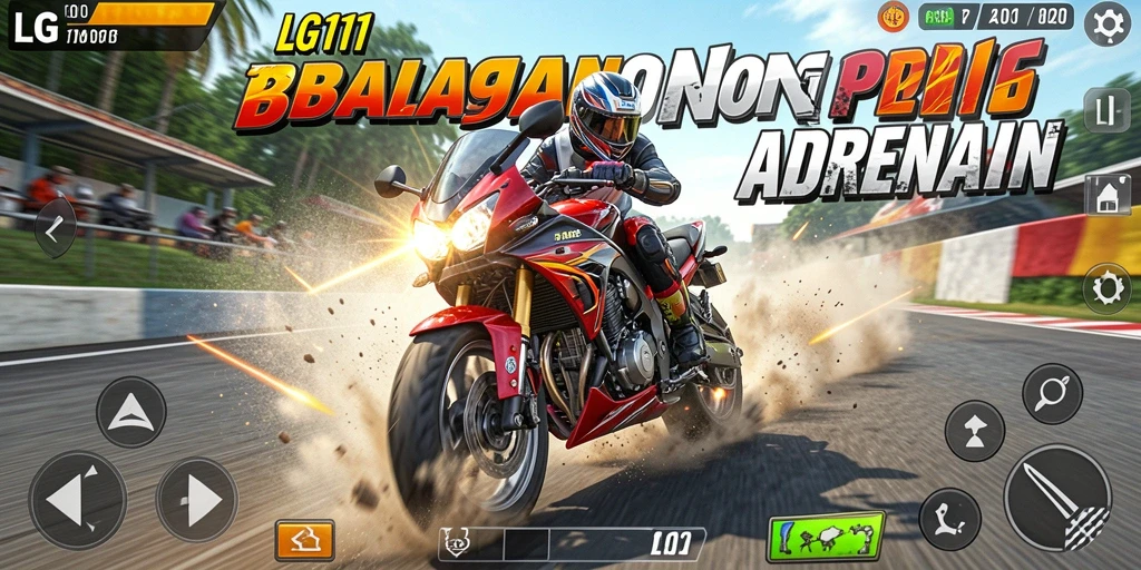 Screenshot gameplay LG111 menampilkan aksi balapan motor yang mendebarkan.