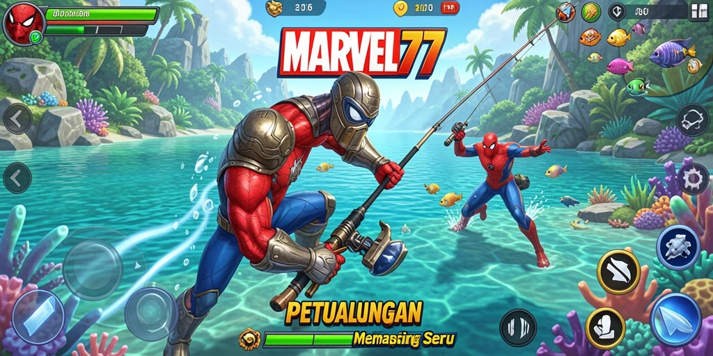 Gameplay Fishing yang seru di MARVEL77 dengan berbagai jenis ikan.