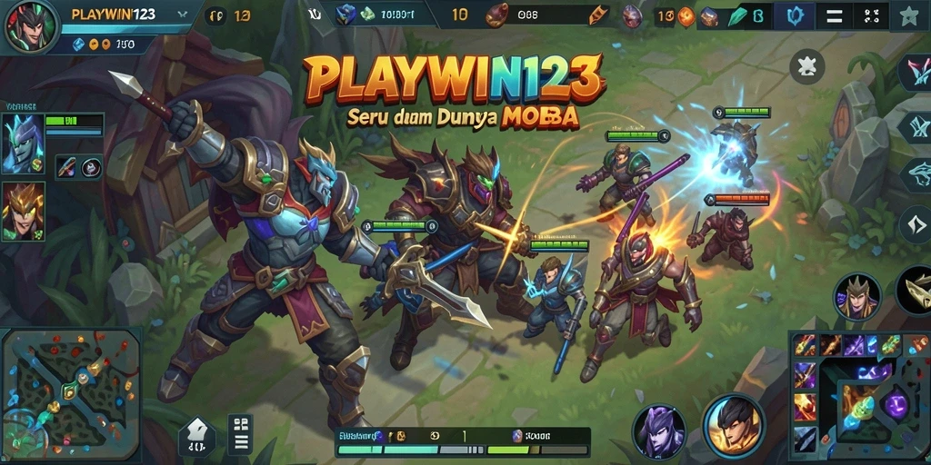 Tangkapan layar utama PLAYWIN123 menampilkan momen aksi sengit dalam pertarungan MOBA.