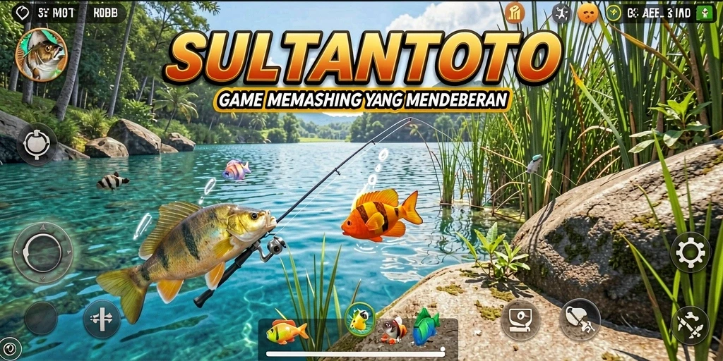 Screenshot gameplay SULTANTOTO menampilkan aktivitas memancing yang seru.