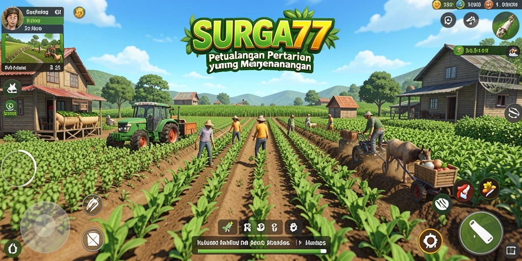 Gameplay SURGA77 menampilkan kebun yang subur dan hewan yang lucu